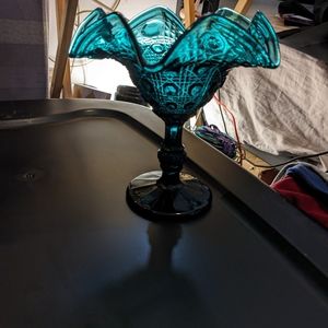 Vintage Teal Glass Pedestal Compote Dish